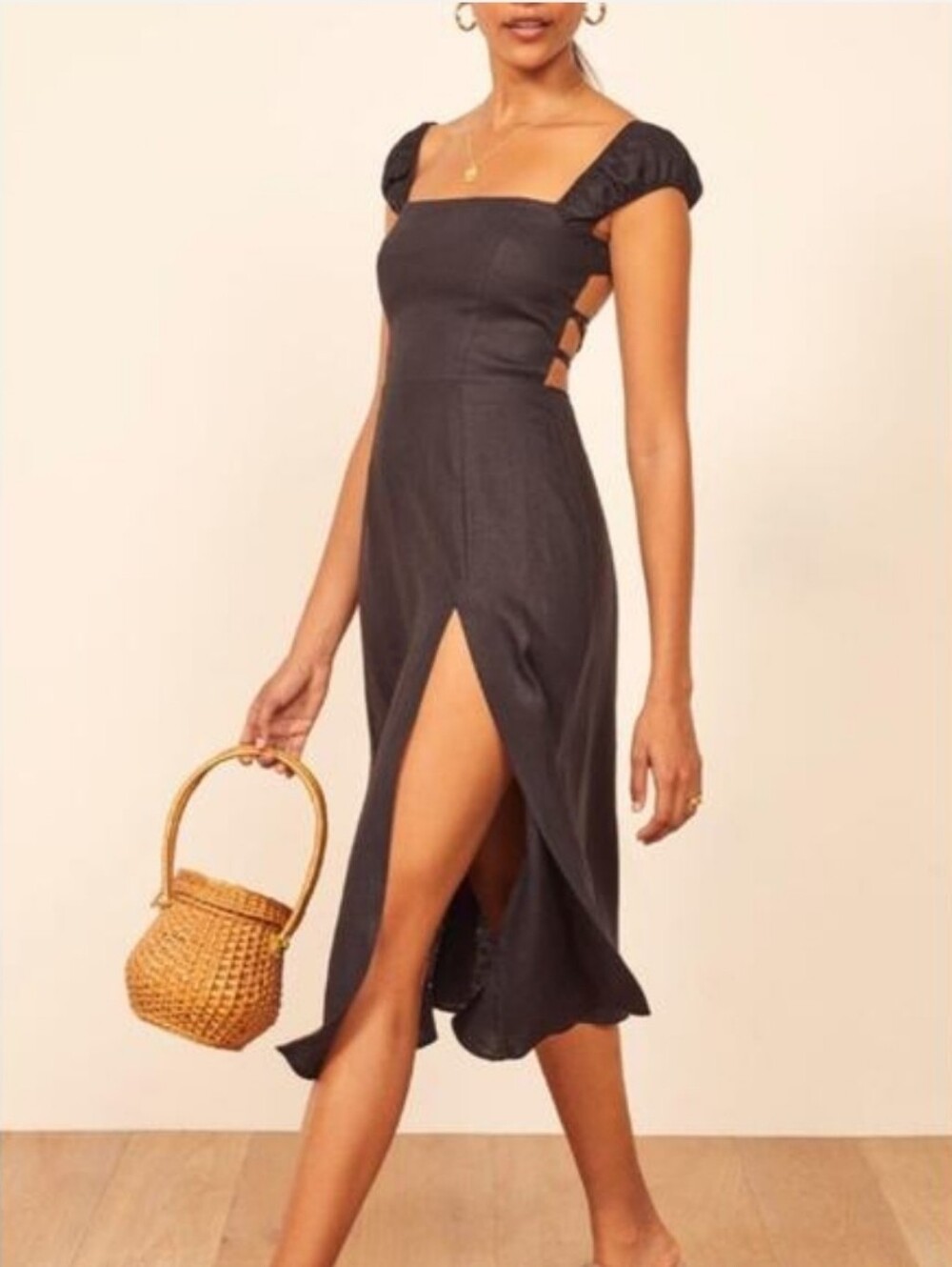 NWT Reformation Silva Linen Midi Dress Black Strappy Back 0 Square Neck